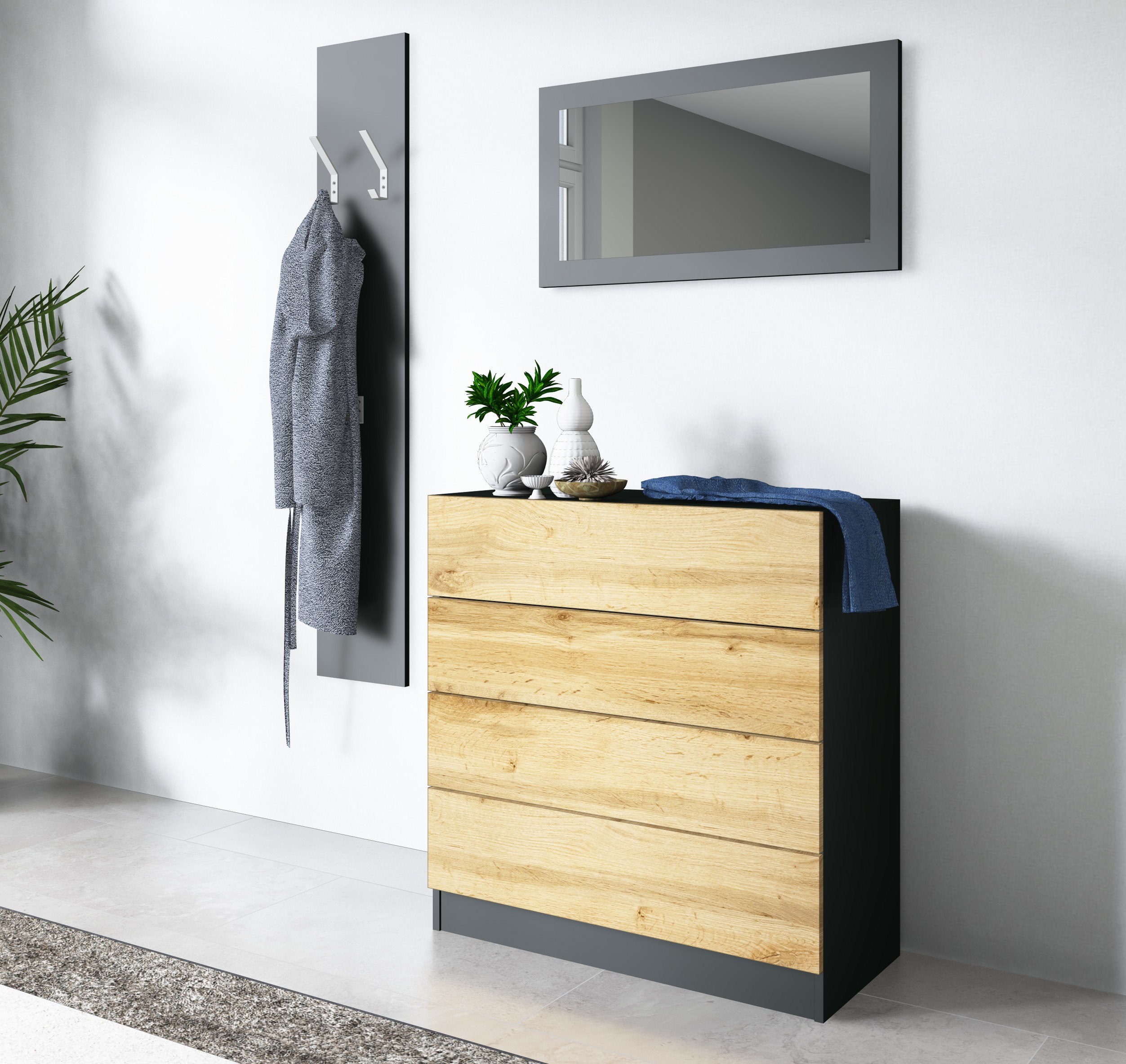 Kommode "Vaasa" Schwarz-Eiche im Set mit Spiegel und Paneel