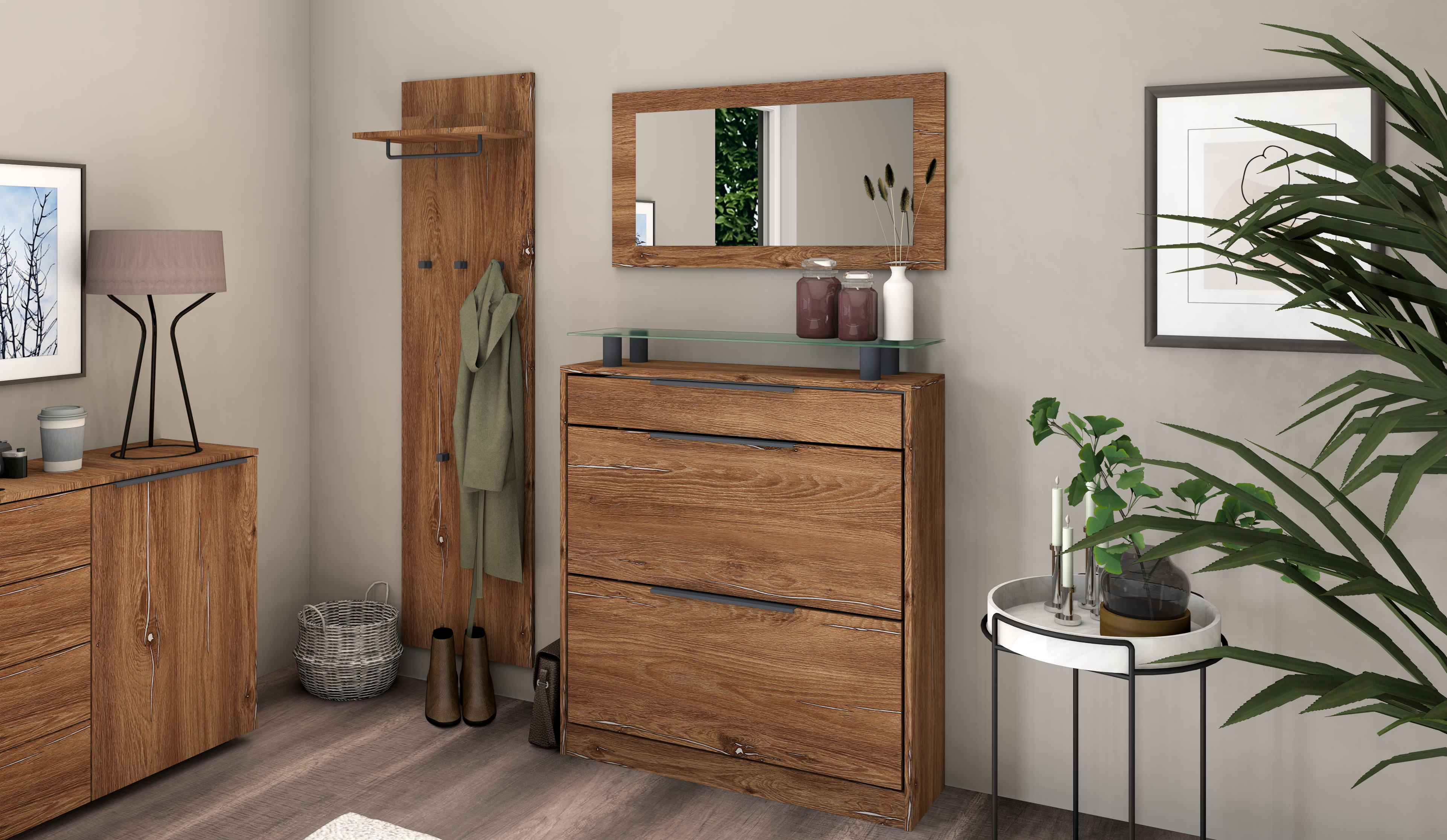 Schuhschrank mit Spiegel und Paneel "Tom" Eiche Vintage