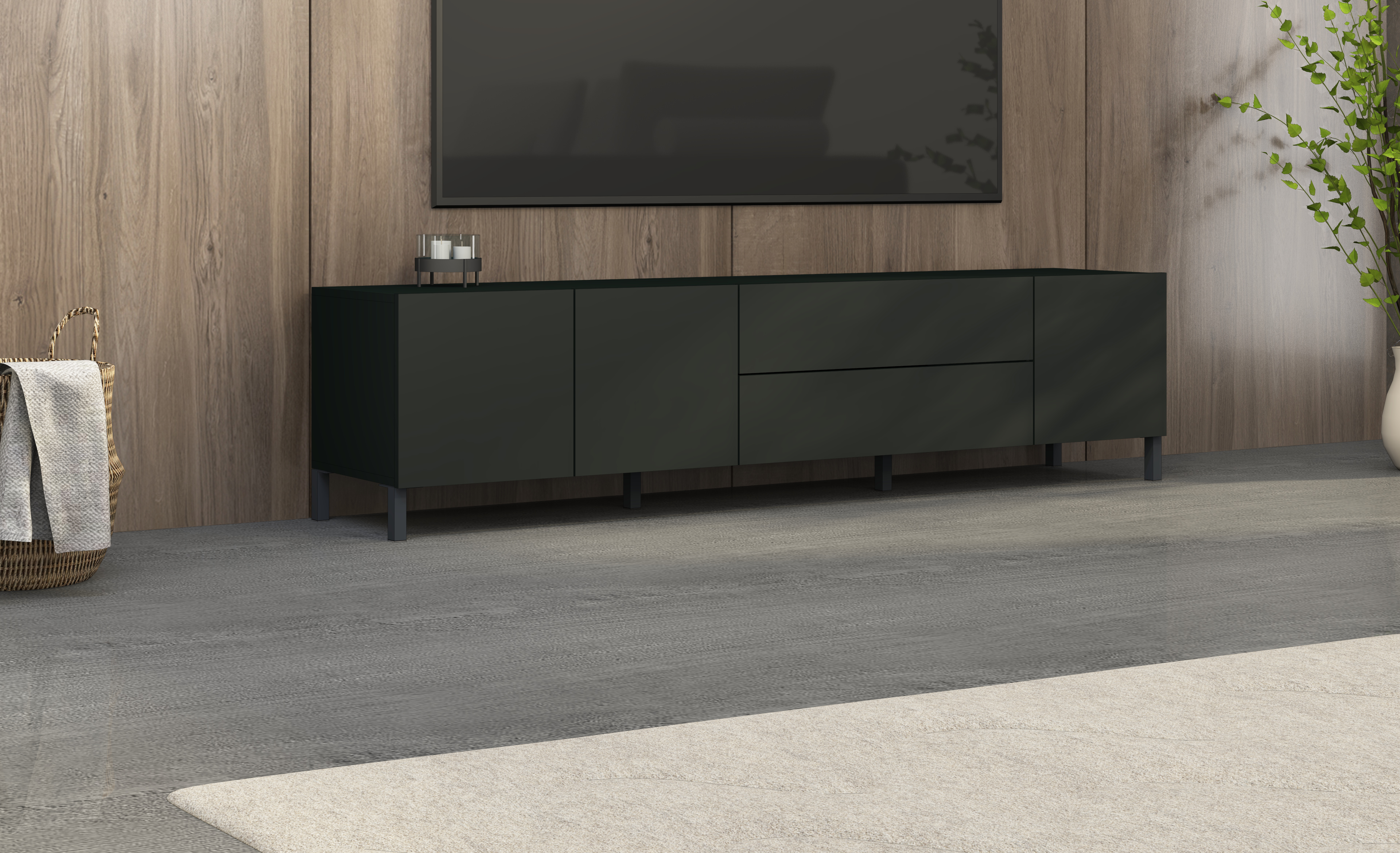 Lowboard Pori 190 cm mit 3 Türen und 2 Schubkästen in schwarz matt