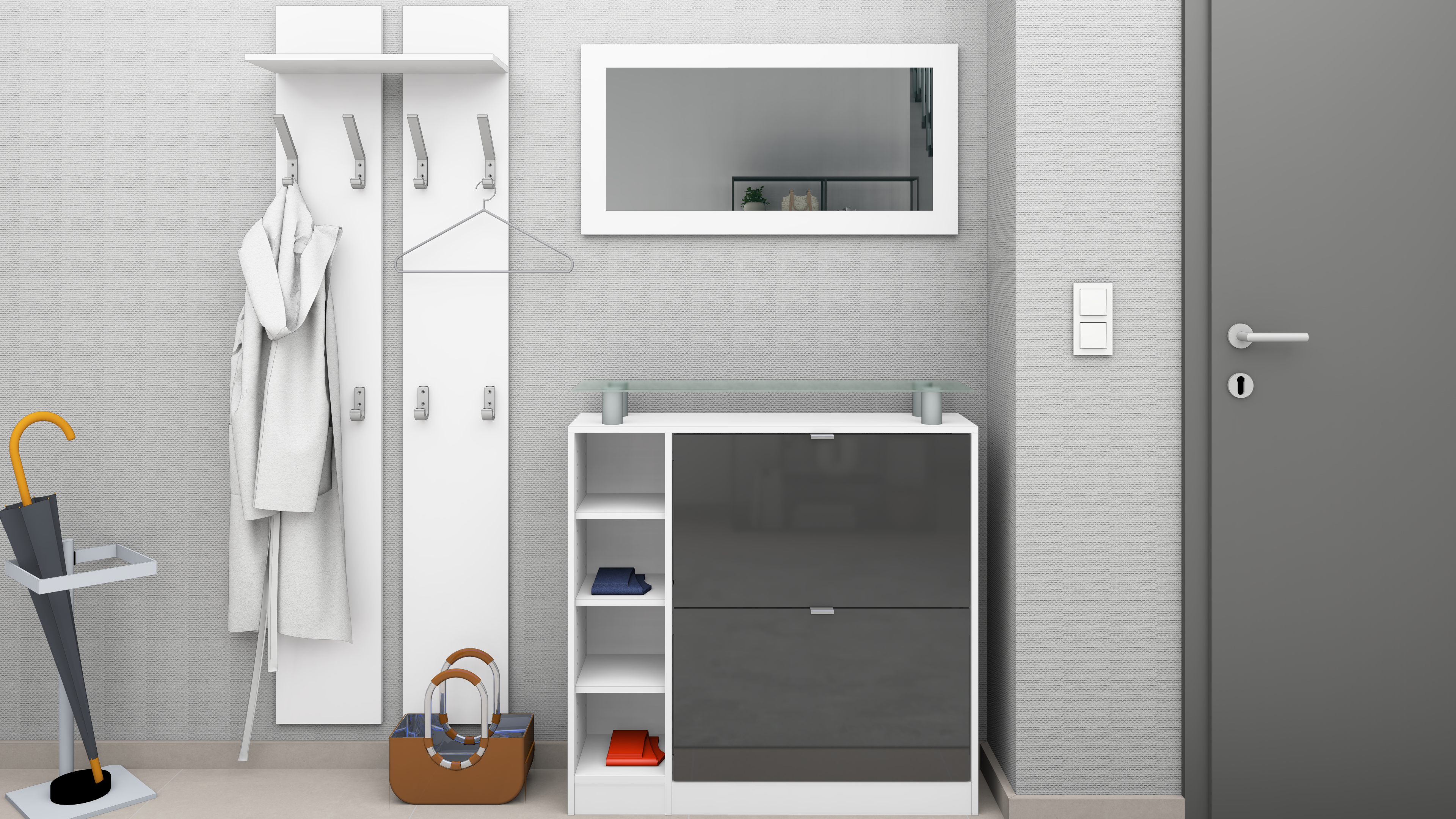 Schuhschrank-Set mit Spiegel und Paneel "Dolly" Weiß Matt - Graphit Hochglanz