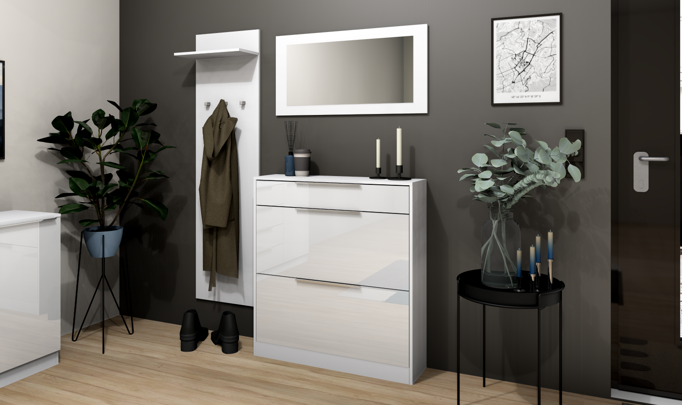 SCU_01-weiss-hg Garderobenset Oliva Basic mit Schuhschrank, Paneel und Spiegel in weiß glänzend