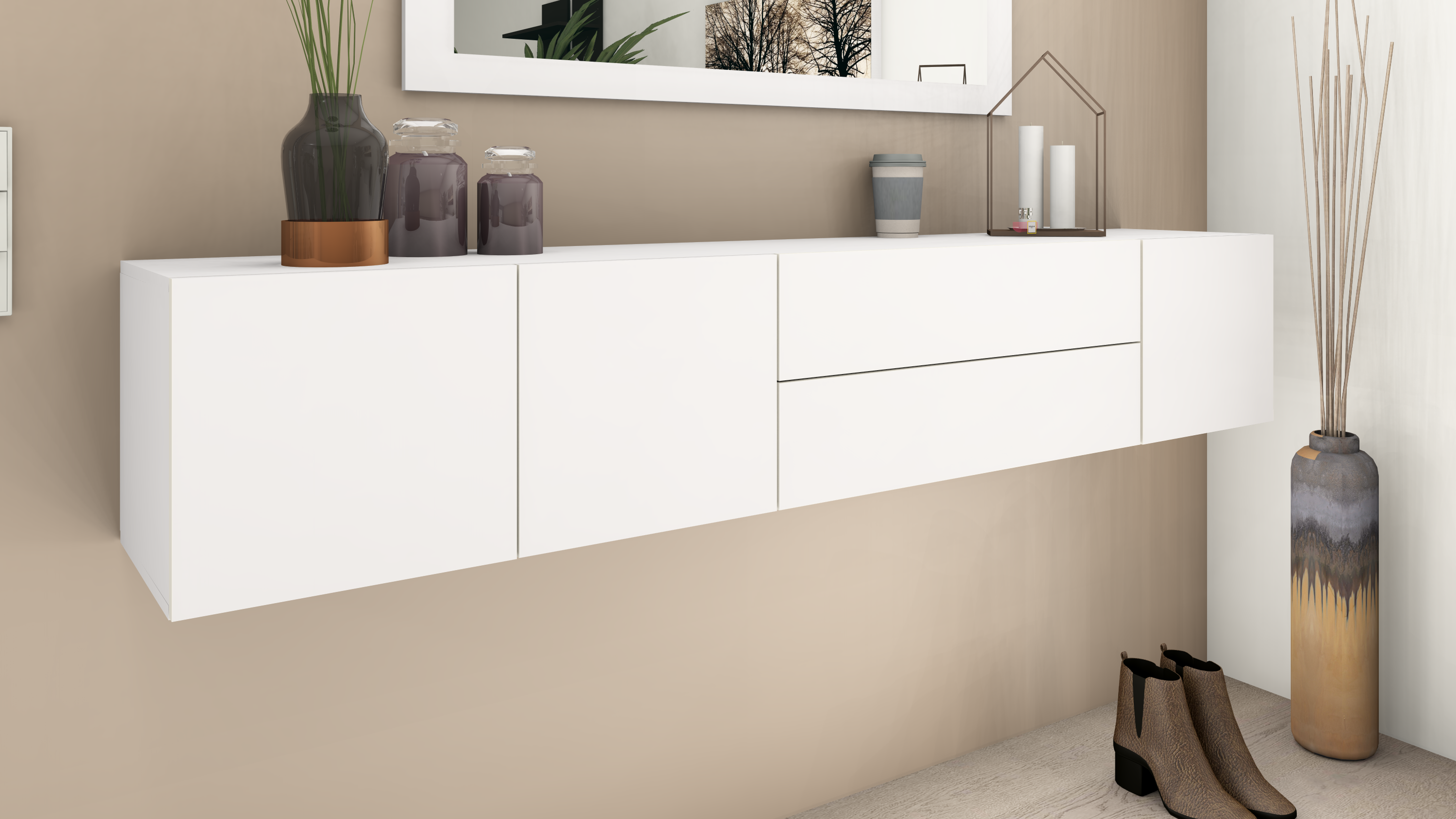 Lowboard Weiß Matt Sophia 190 cm Hängeschrank