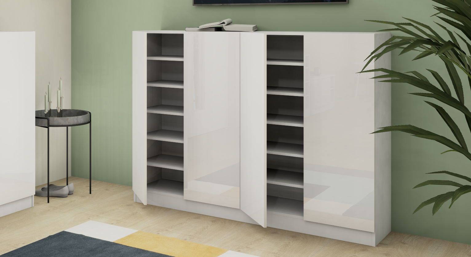 Vaasa-Schuhschrank_offen Schuhschrank Weiß "Vaasa" 4-türig geöffnet