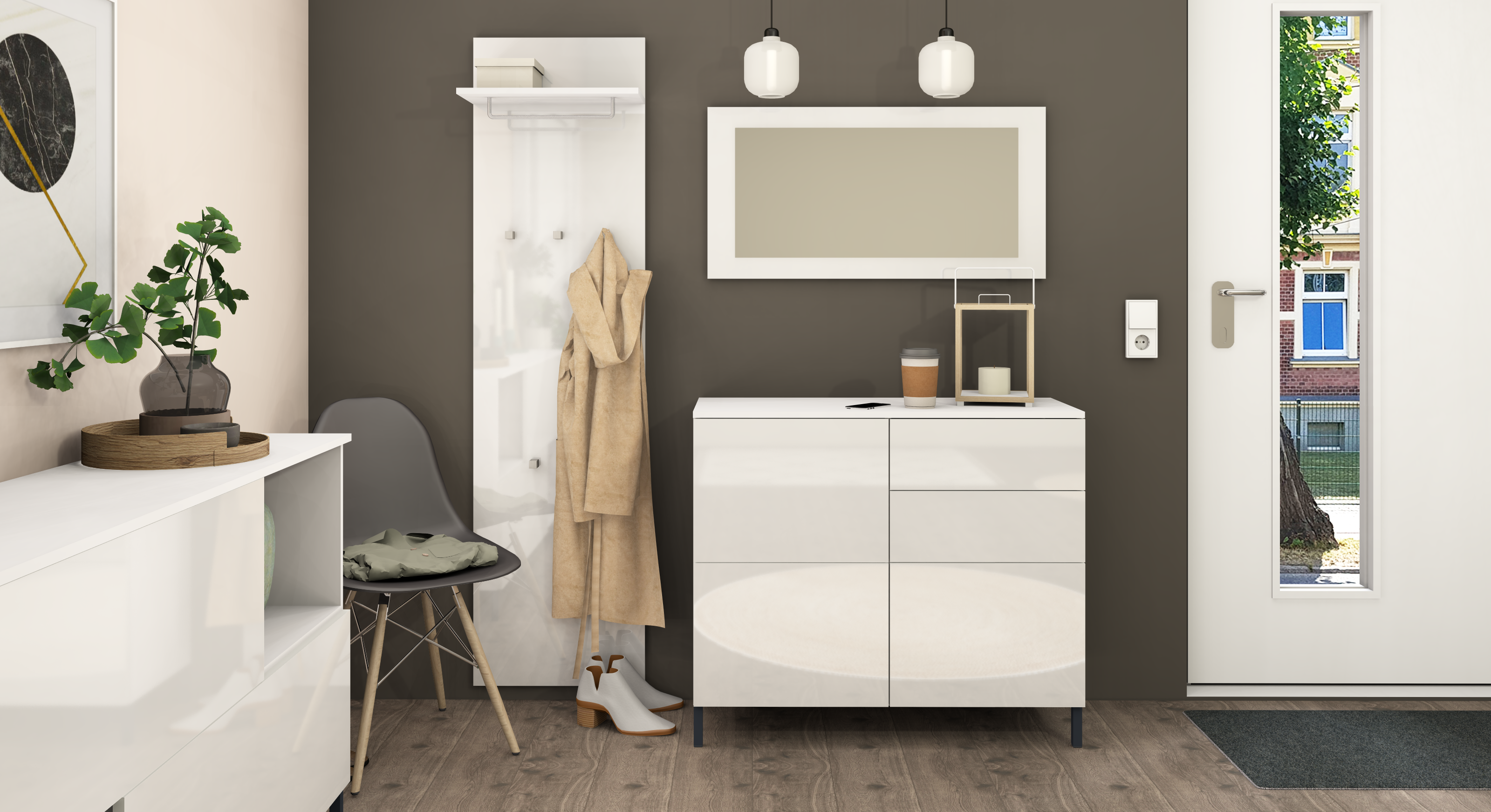 Kommode mit Spiegel und Paneel im Set, Weiß Hochglanz "Haama"