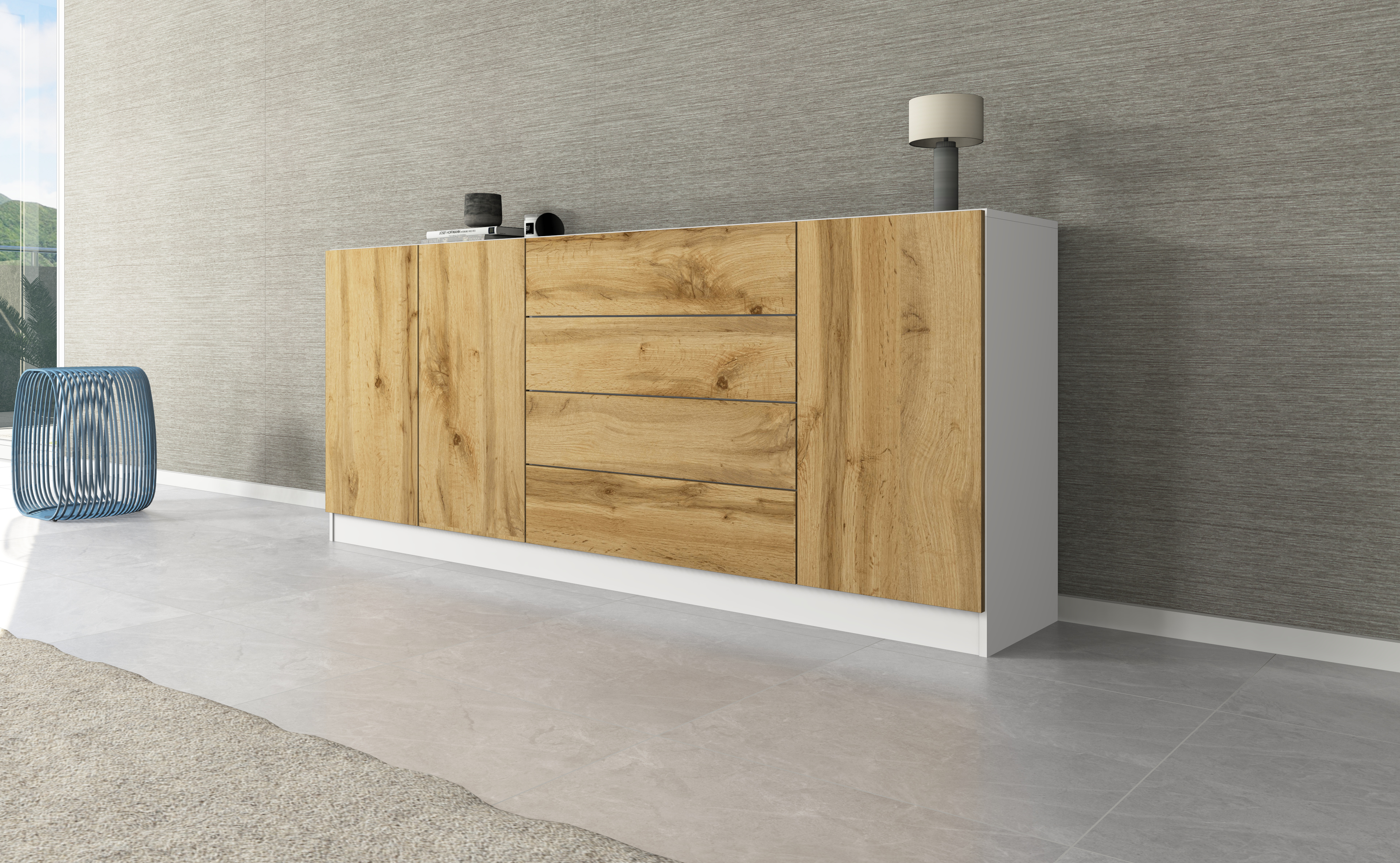 Sideboard VAASA 190 cm in Weiß - Eiche