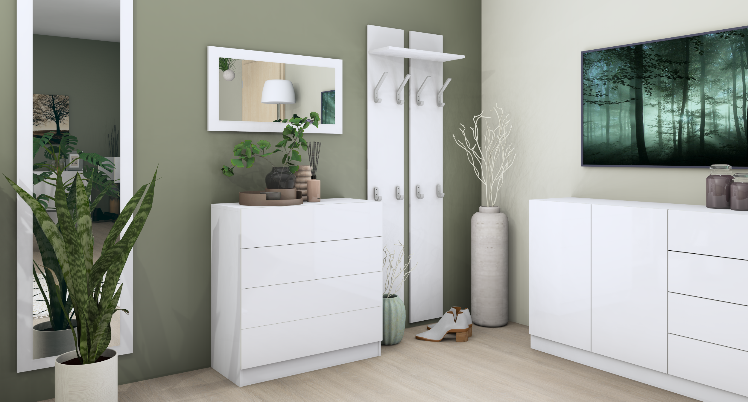 Kommode Weiß Matt "Vaasa" im Set mit Spiegel und Paneel