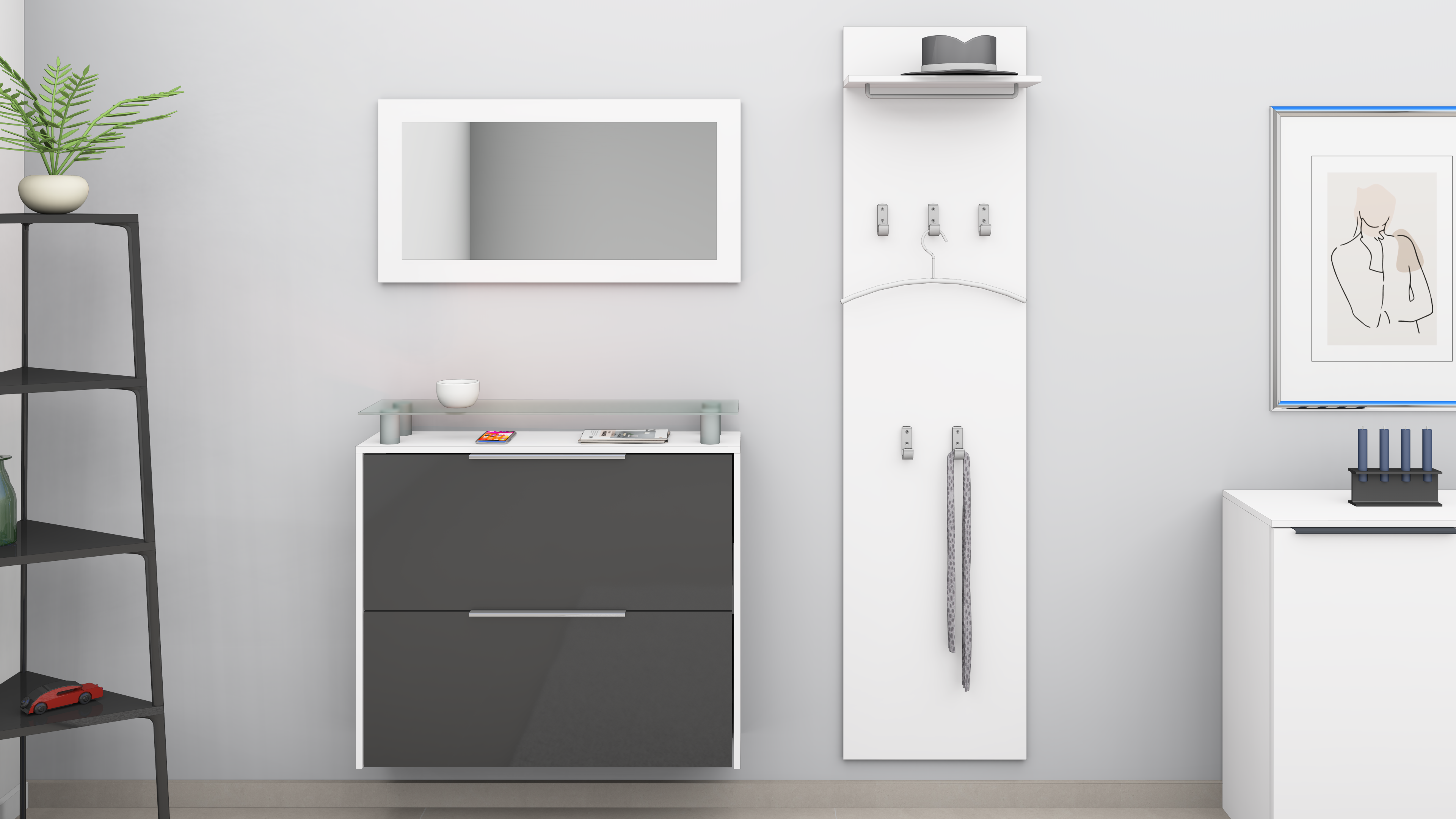 Set aus Schuhschrank, Spiegel, Paneel in Weiß matt - Graphit Hochglanz "Rena"