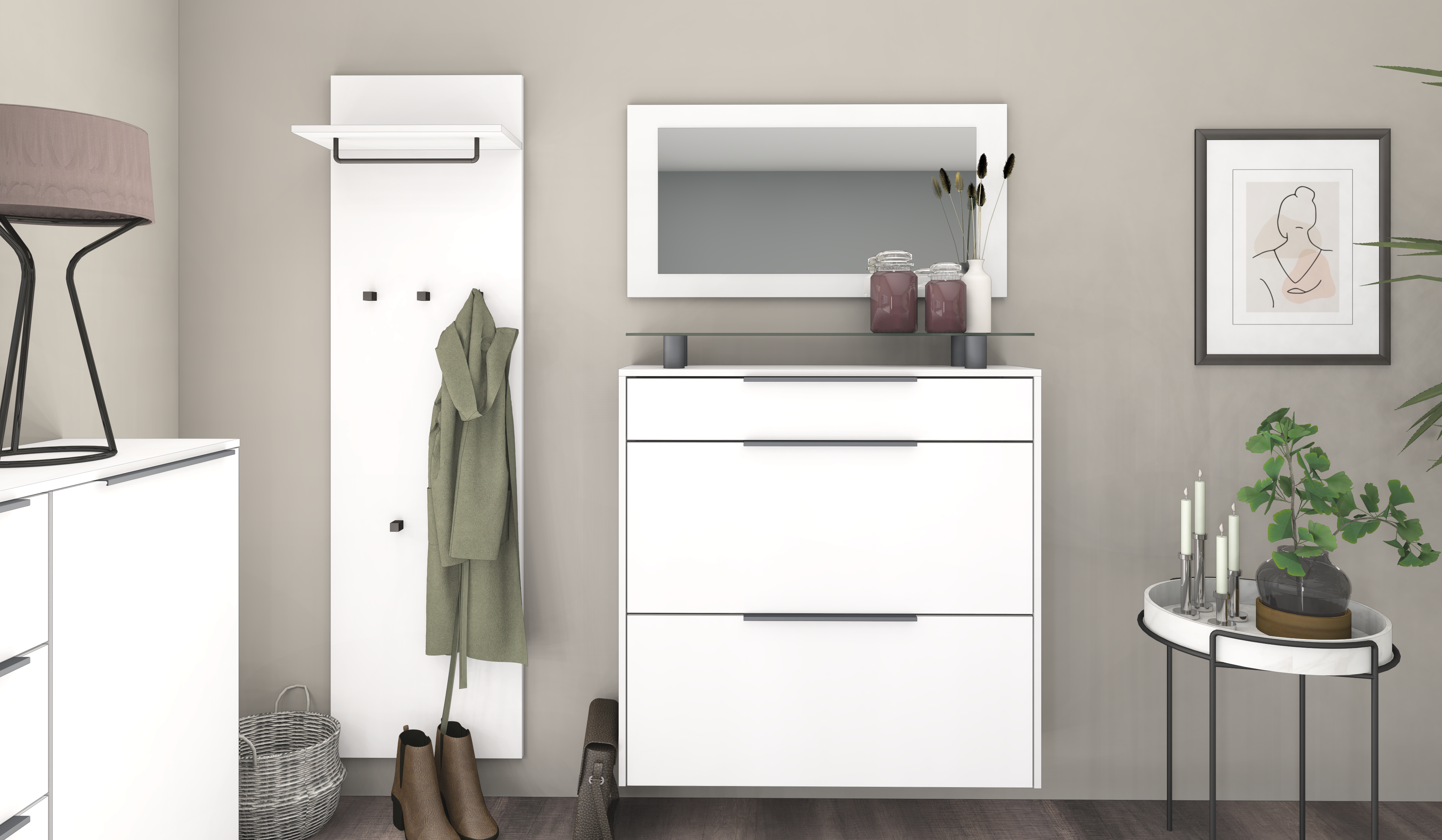 Schuhschrank mit Spiegel und Paneel "Tom" Weiß Matt
