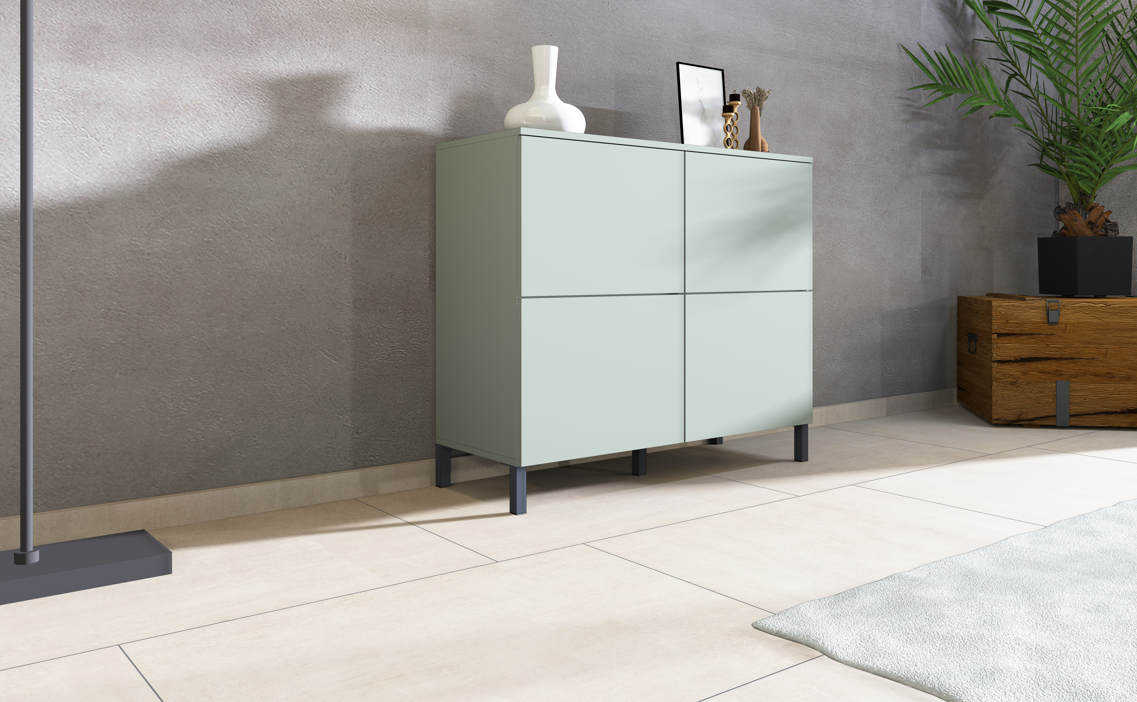 Haama Kommode mit 4 Türen und Metallfüßen kaschmir und salbei