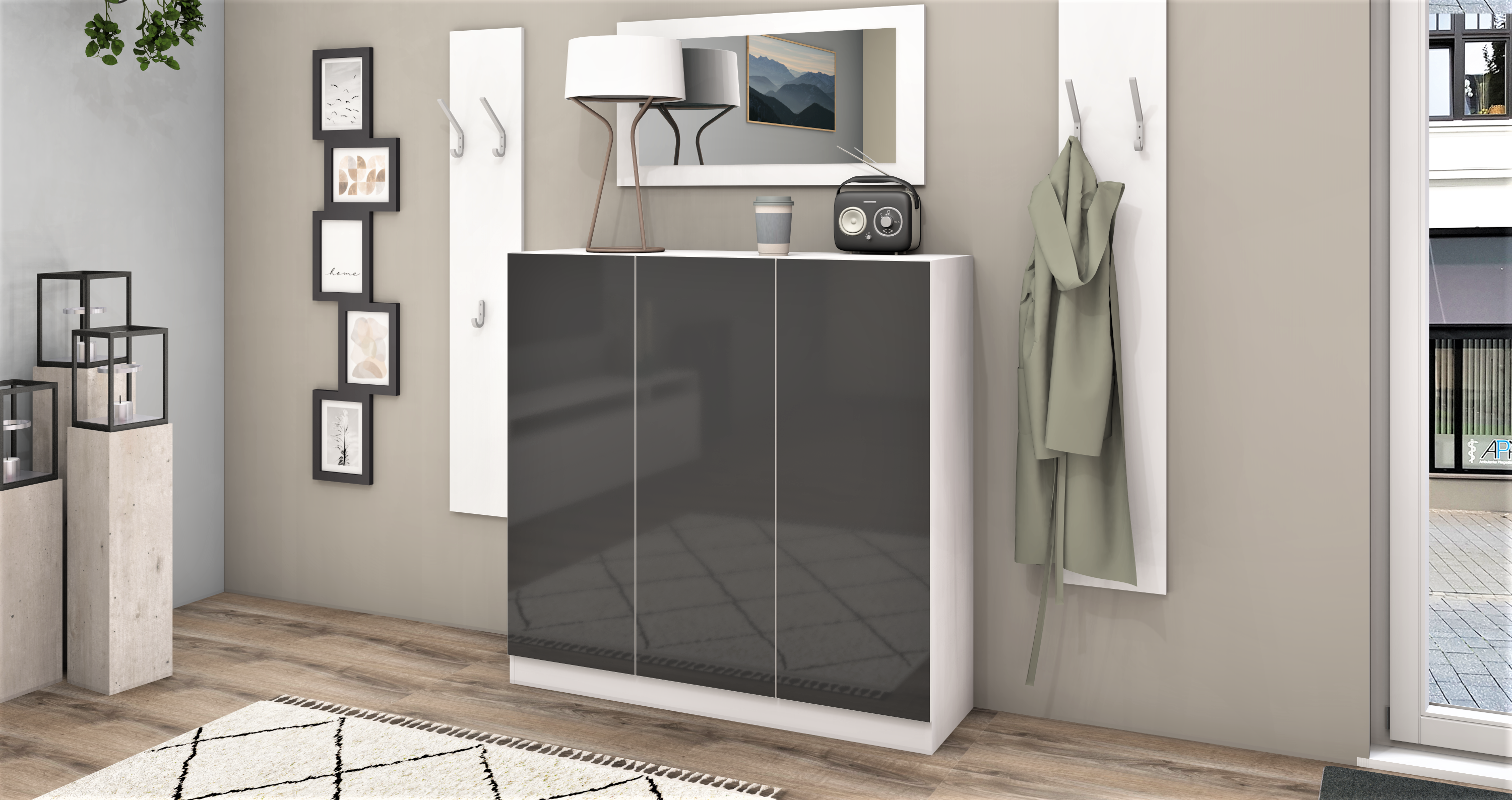 Schuhschrank Weiß Matt - Graphit Hochglanz "Vaasa" 3-türig im Set