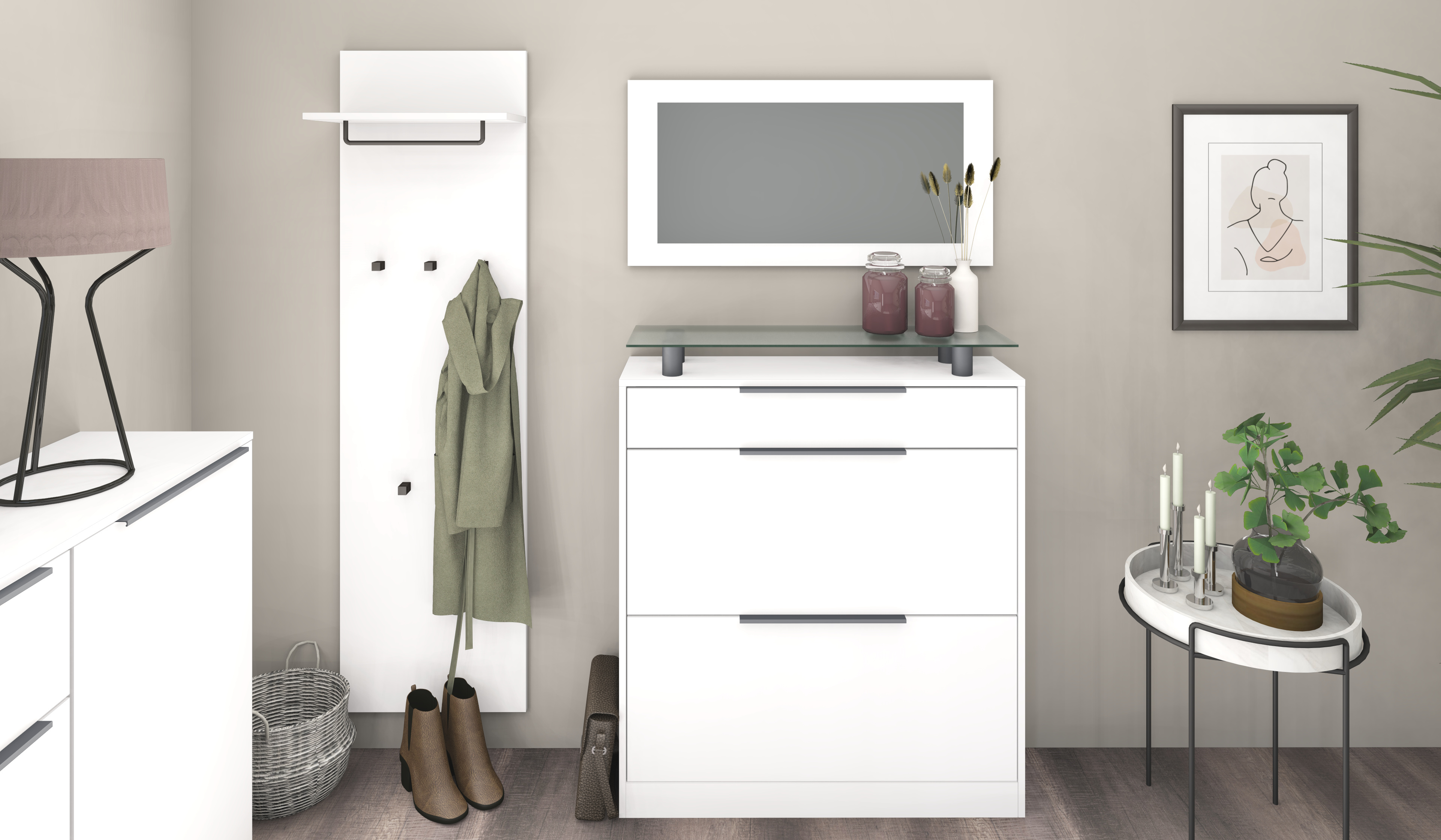 Schuhschrank mit Spiegel und Paneel "Tom" Weiß Matt