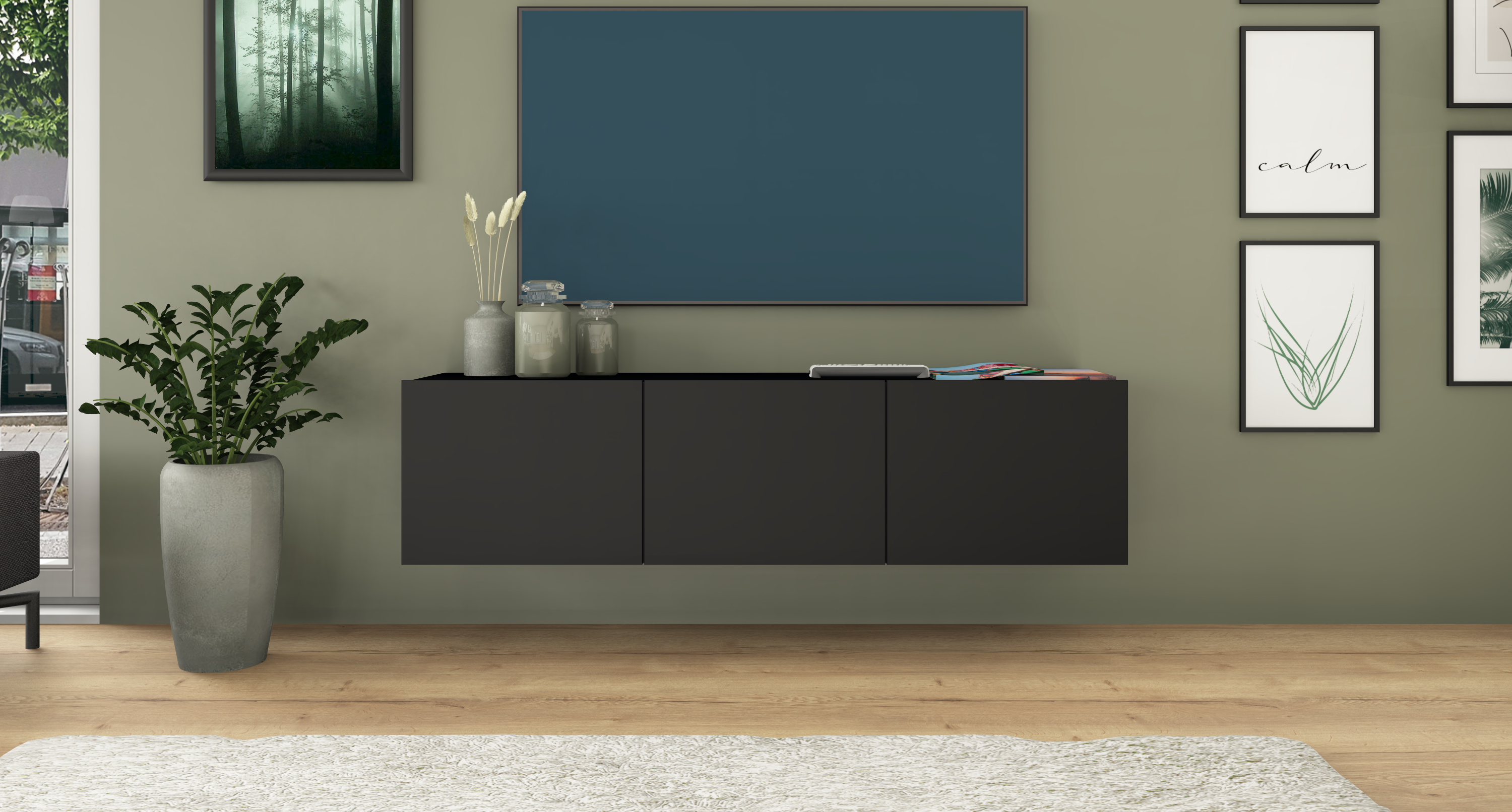 Lowboard Schwarz Matt "Sophia" 139 cm, 3-türig